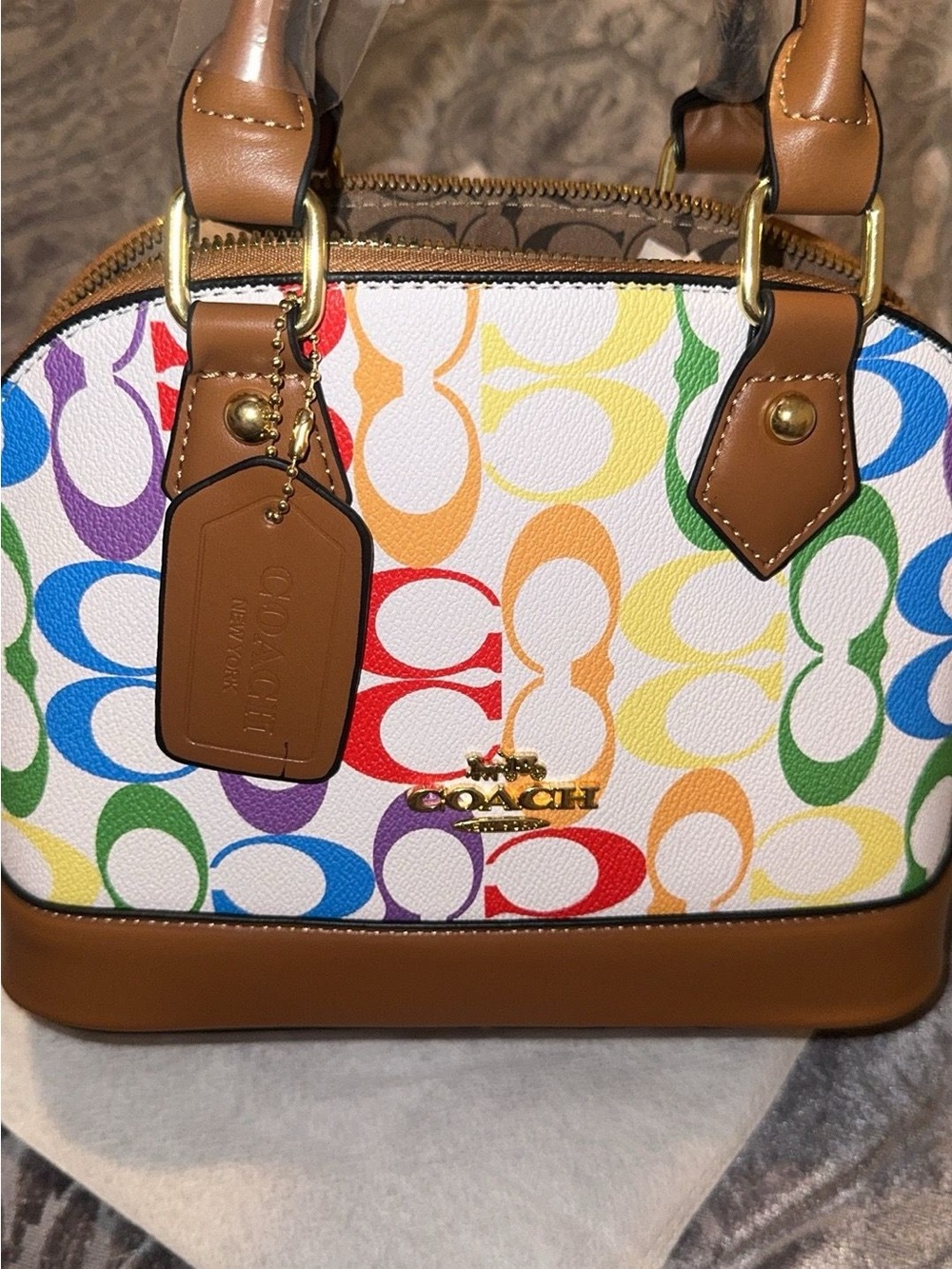 COACH Rainbow Signature Mini Satchel with Tan Trim